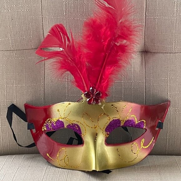 Light Up Mask for Halloween Party Mask Red Faux Feather Eye Mask - Picture 1 of 7